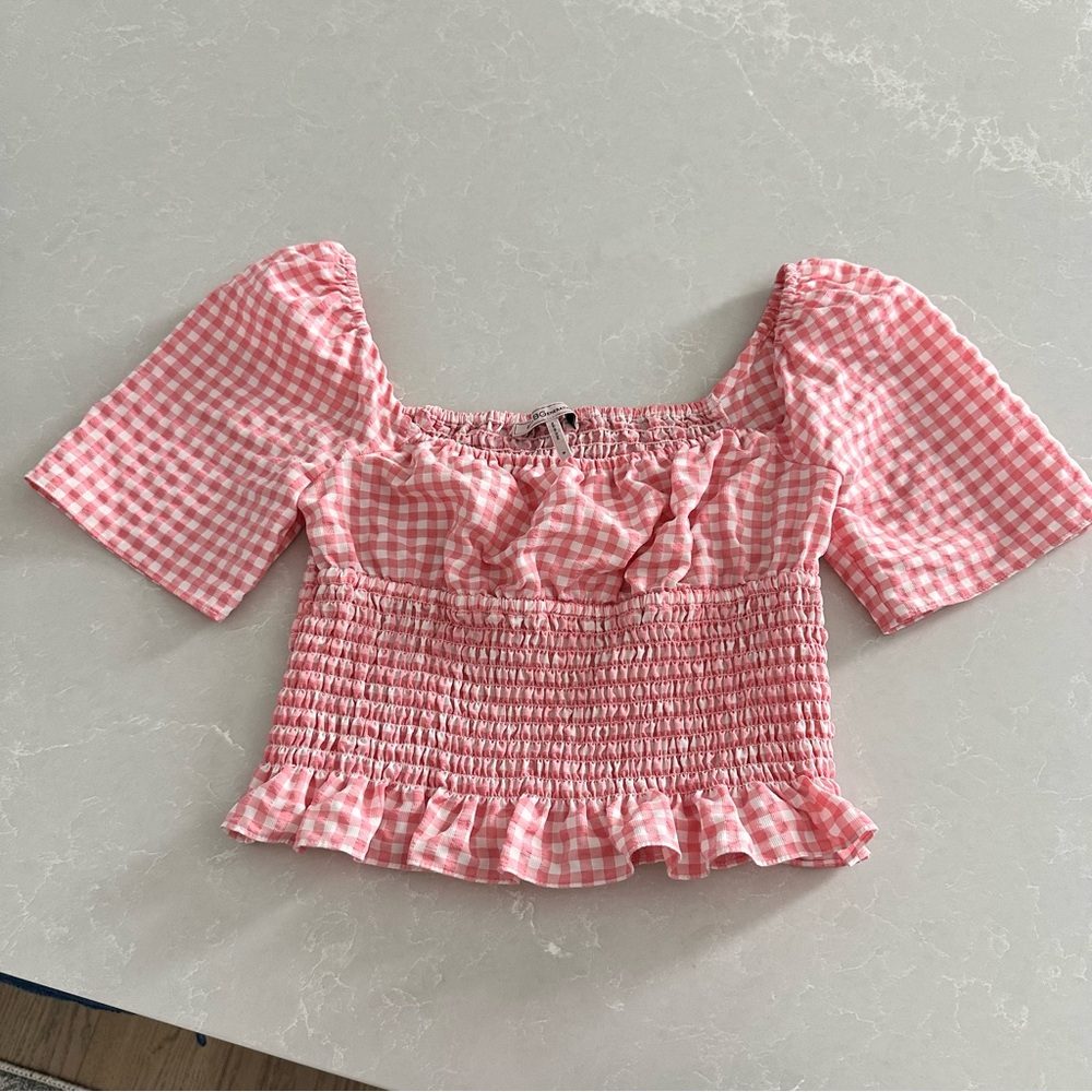 BCBG Pink Gingham Smocked Top